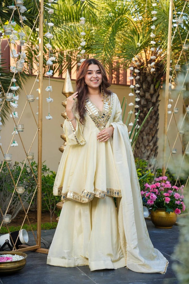 Cream Mirror Embroidered Chinon Sharara Suits (ACA7028)