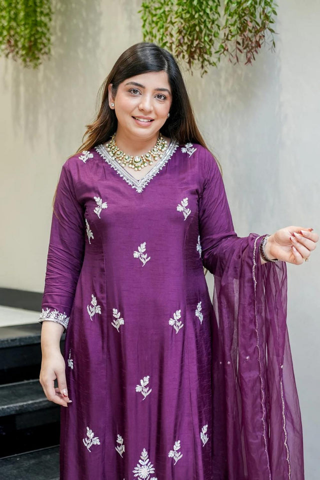Violet Floral Embroidered Muslin Kurti Pant Set (ACA7030)