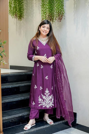 Violet Floral Embroidered Muslin Kurti Pant Set (ACA7030)