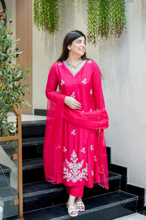 Pink Floral Embroidered Muslin Kurti Pant Set (ACA7031)