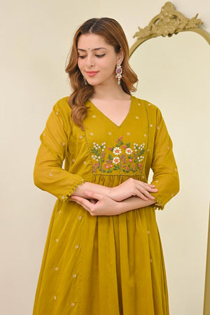 Mustard Floral Embroidered Chanderi Kurti Pant Set (ACA7032)