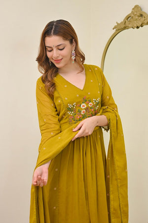 Mustard Floral Embroidered Chanderi Kurti Pant Set (ACA7032)