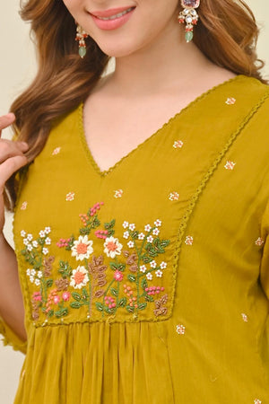 Mustard Floral Embroidered Chanderi Kurti Pant Set (ACA7032)