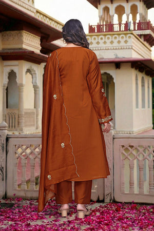 Rust Floral Embroidered Chanderi Kurti Pant Set (ACA7034)