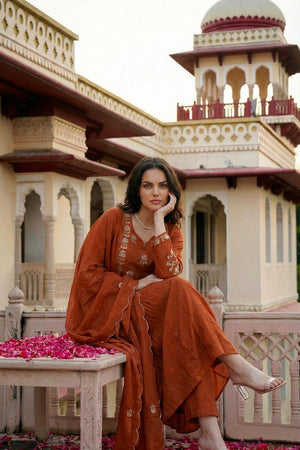 Rust Floral Embroidered Chanderi Kurti Pant Set (ACA7034)
