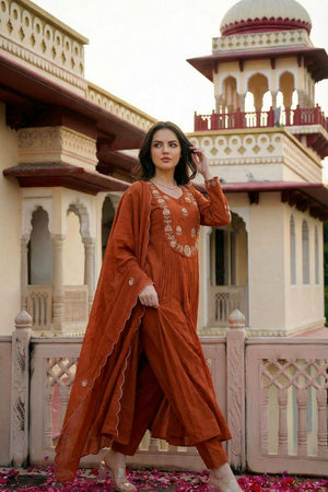 Rust Floral Embroidered Chanderi Kurti Pant Set (ACA7034)
