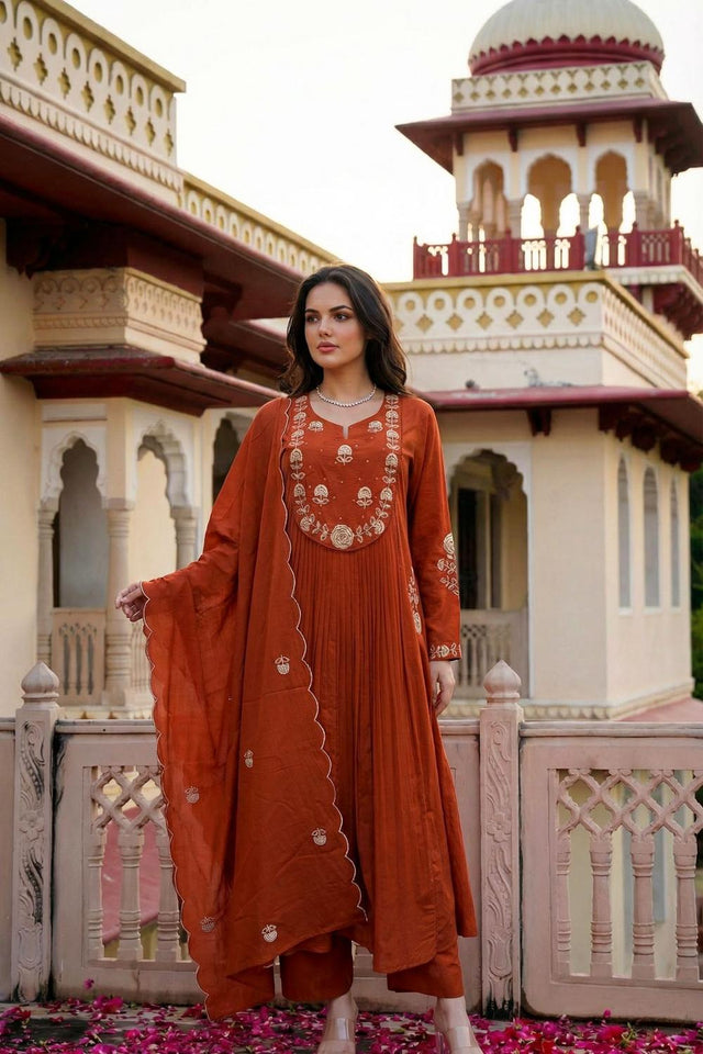 Rust Floral Embroidered Chanderi Kurti Pant Set (ACA7034)