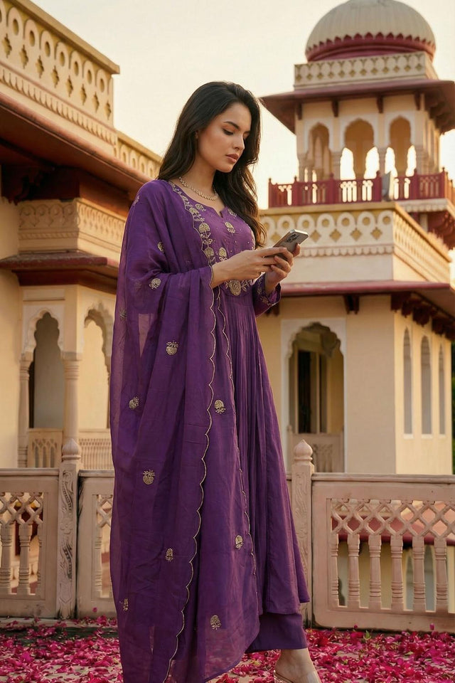 Lavender Floral Embroidered Chanderi Kurti Pant Set (ACA7035)
