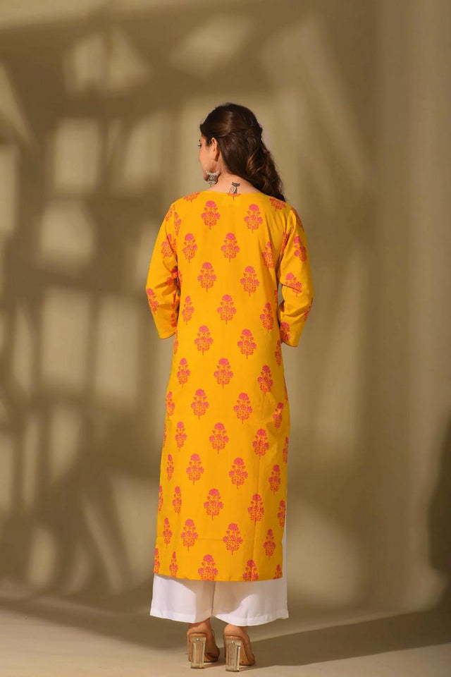 Yellow Floral Printed Cotton Long Kurtis (ACA7040)