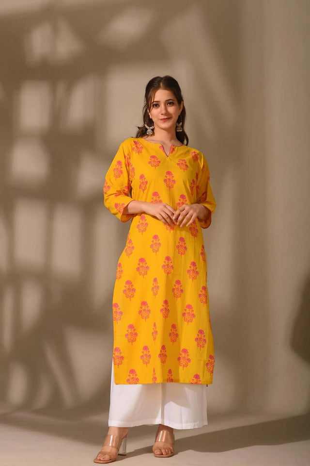 Yellow Floral Printed Cotton Long Kurtis (ACA7040)
