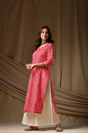 Pink Floral Printed Cotton Long Kurtis (ACA7041)