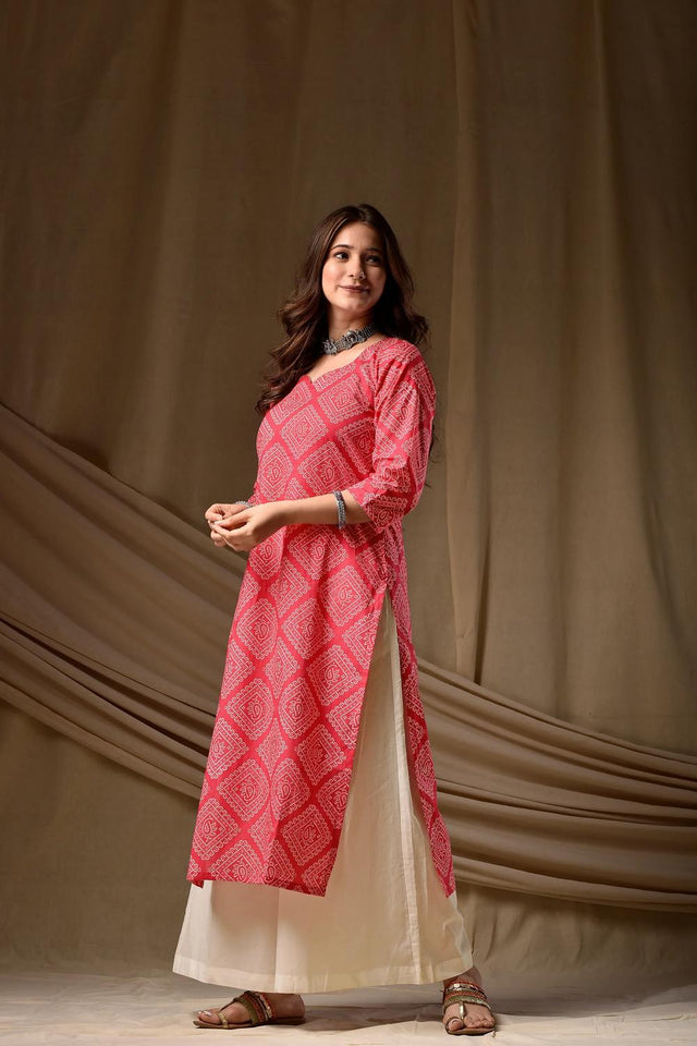 Pink Floral Printed Cotton Long Kurtis (ACA7041)