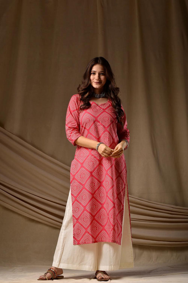 Pink Floral Printed Cotton Long Kurtis (ACA7041)