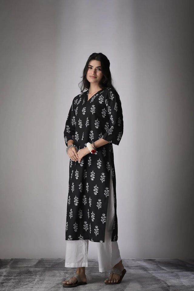 Black Printed Cotton Long Kurtis (ACA7042)