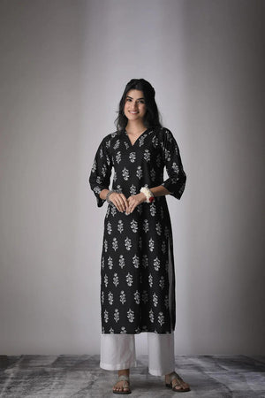 Black Printed Cotton Long Kurtis (ACA7042)