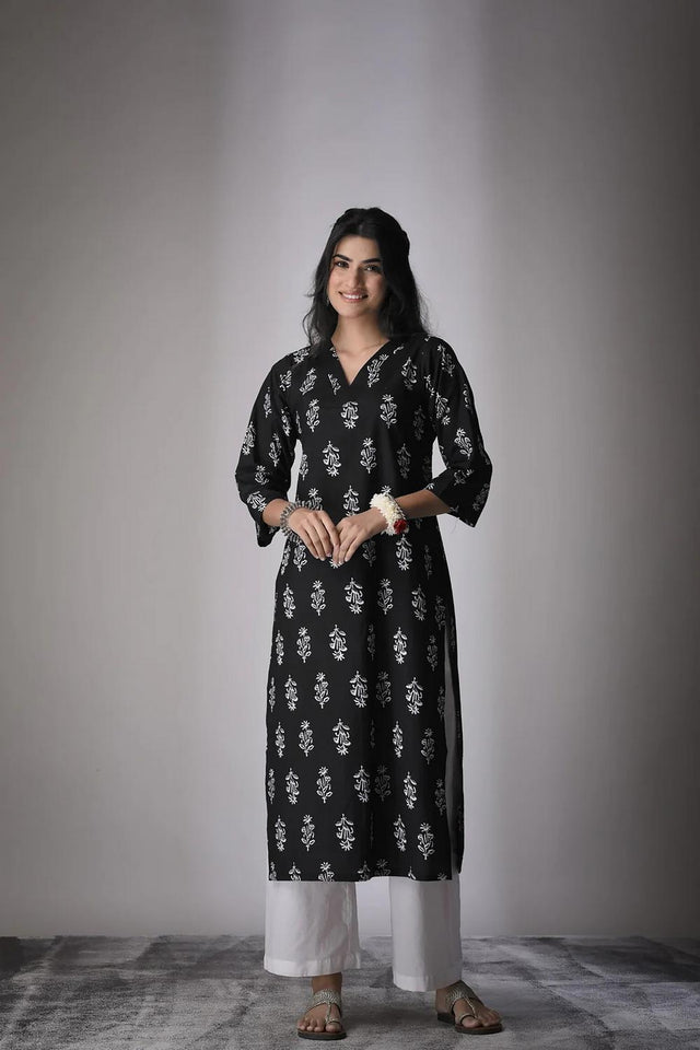 Black Printed Cotton Long Kurtis (ACA7042)