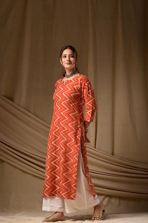 Rust Printed Cotton Long Kurtis (ACA7043)