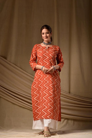 Rust Printed Cotton Long Kurtis (ACA7043)
