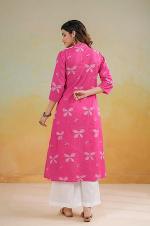 Pink Floral Printed Cotton Long Kurtis (ACA7046)
