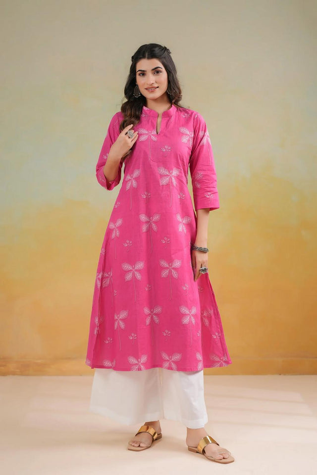 Pink Floral Printed Cotton Long Kurtis (ACA7046)