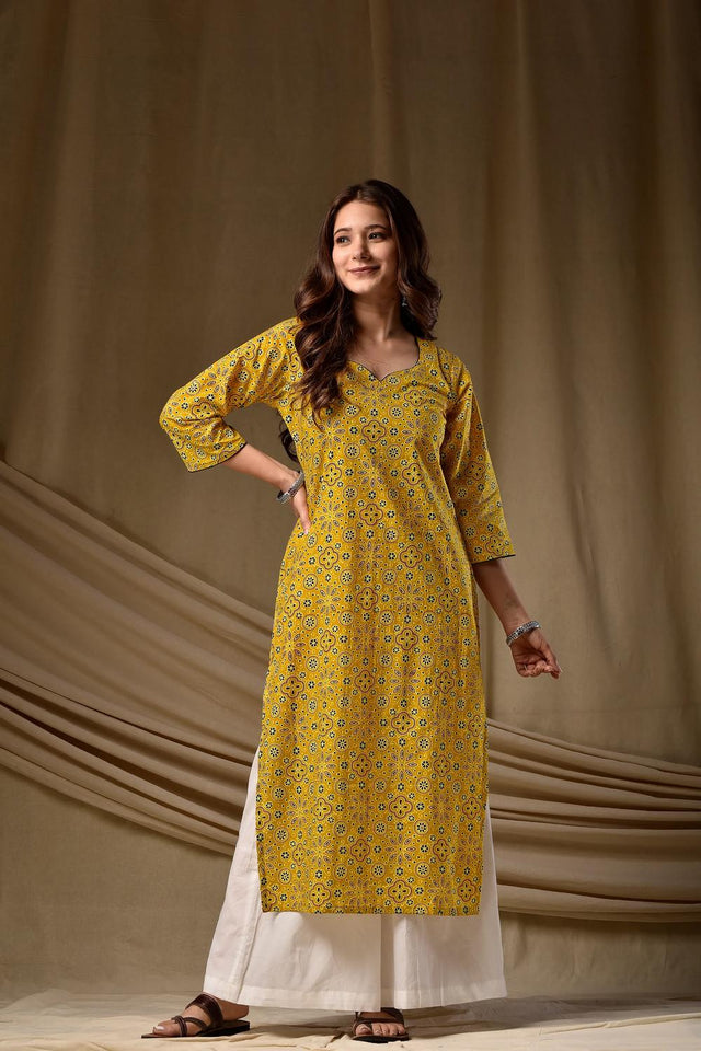 Mustard Floral Printed Cotton Long Kurtis (ACA7047)