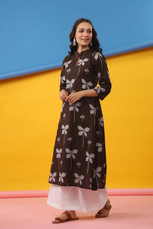 Brown Floral Printed Cotton Long Kurtis (ACA7048)