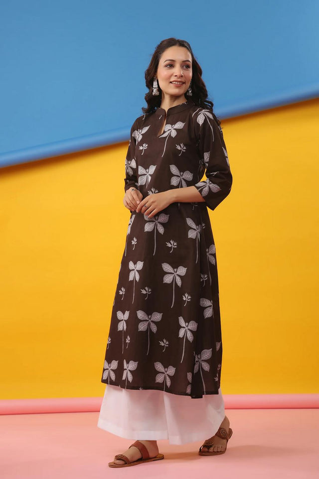 Brown Floral Printed Cotton Long Kurtis (ACA7048)