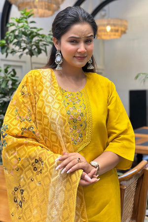Yellow Floral Embroidered Silk Blend Kurti Pant Set (ACA7101)
