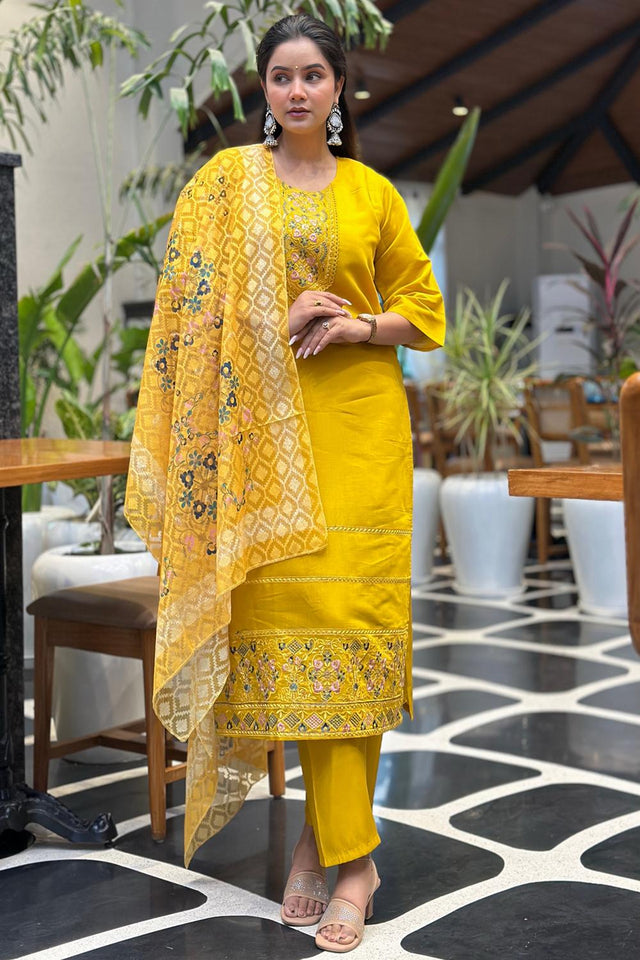Yellow Floral Embroidered Silk Blend Kurti Pant Set (ACA7101)