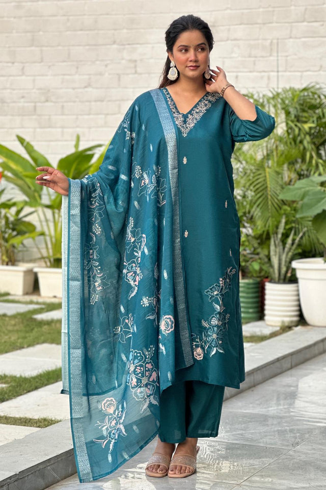 Turquoise Floral Embroidered Silk Blend Kurti Pant Set (ACA7102)