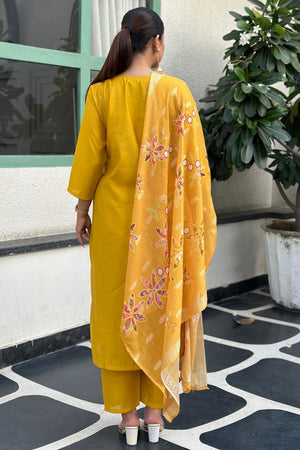 Yellow Floral Embroidered Silk Blend Kurti Pant Set (ACA7103)