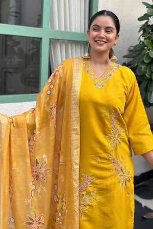 Yellow Floral Embroidered Silk Blend Kurti Pant Set (ACA7103)