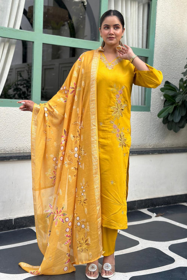 Yellow Floral Embroidered Silk Blend Kurti Pant Set (ACA7103)