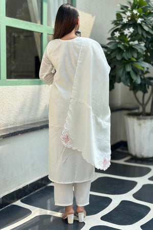 White Embroidered Silk Blend Kurti Pant Set (ACA7104)