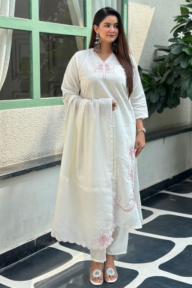 White Embroidered Silk Blend Kurti Pant Set (ACA7104)