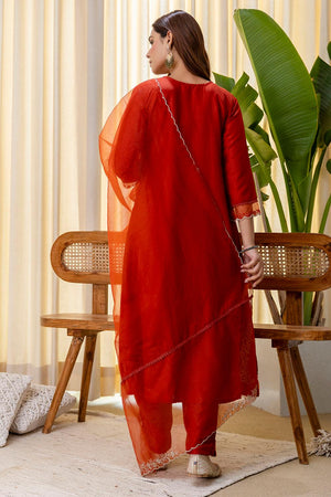 Rust Embroidered Silk Blend Kurti Pant Set (ACA7106)