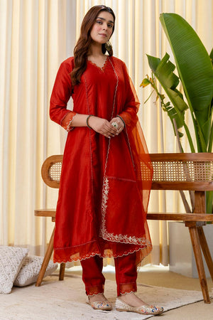 Rust Embroidered Silk Blend Kurti Pant Set (ACA7106)