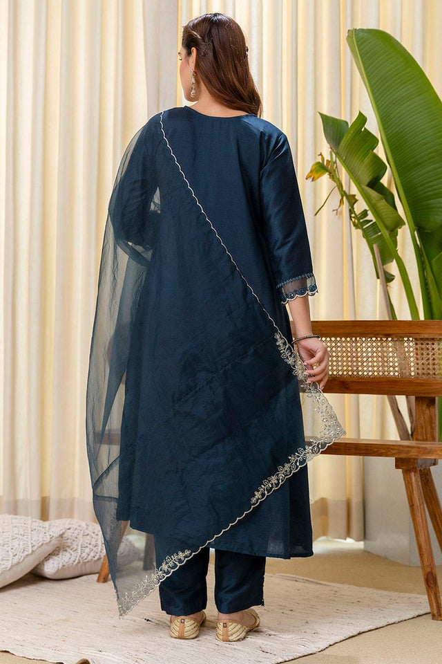 Turquoise Sequin with Embroidered Silk Blend Kurti Pant Set (ACA7107)