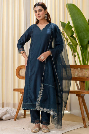 Turquoise Sequin with Embroidered Silk Blend Kurti Pant Set (ACA7107)