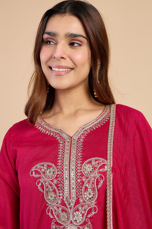 Pink Sequin with Embroidered Silk Blend Kurti Pant Set (ACA7108)