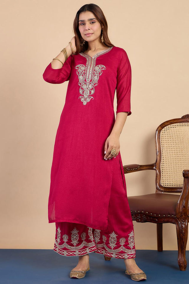 Pink Sequin with Embroidered Silk Blend Kurti Pant Set (ACA7108)