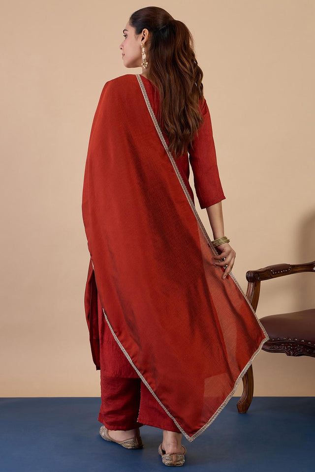 Rust Sequin with Embroidered Silk Blend Kurti Pant Set (ACA7109)