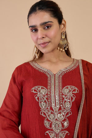 Rust Sequin with Embroidered Silk Blend Kurti Pant Set (ACA7109)