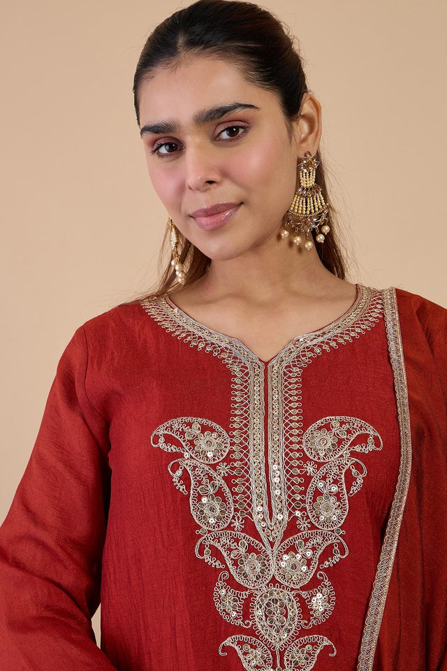 Rust Sequin with Embroidered Silk Blend Kurti Pant Set (ACA7109)