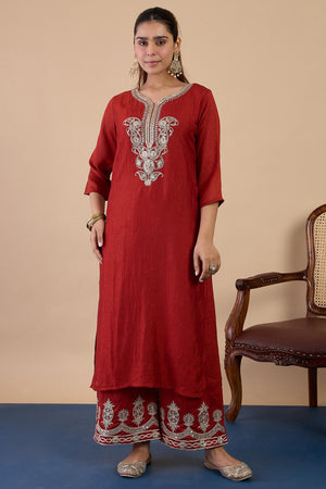 Rust Sequin with Embroidered Silk Blend Kurti Pant Set (ACA7109)