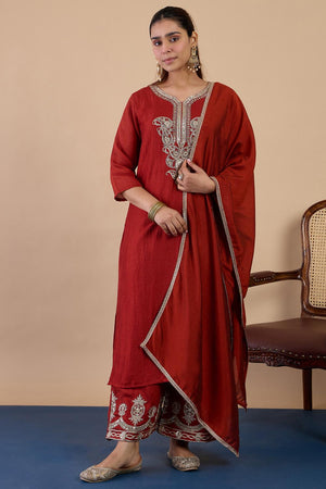 Rust Sequin with Embroidered Silk Blend Kurti Pant Set (ACA7109)