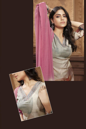 Grey Printed Chanderi Kurti Pant Set (ACA7111)