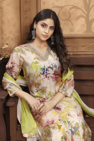 Olive Green Printed Chanderi Kurti Pant Set (ACA7112)