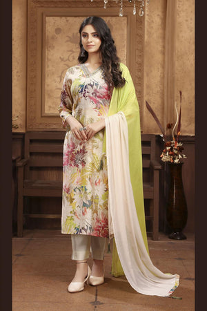 Olive Green Printed Chanderi Kurti Pant Set (ACA7112)