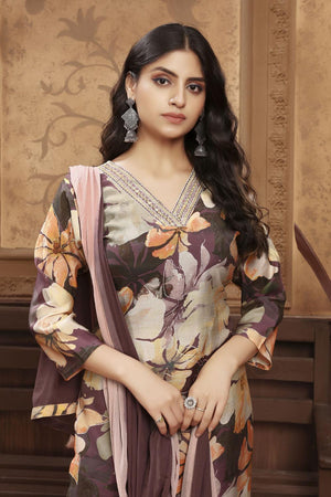 Brown Printed Chanderi Kurti Pant Set (ACA7113)